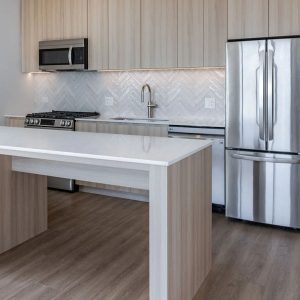 The Lydian apartment interior kitchen with stainless steel appliances