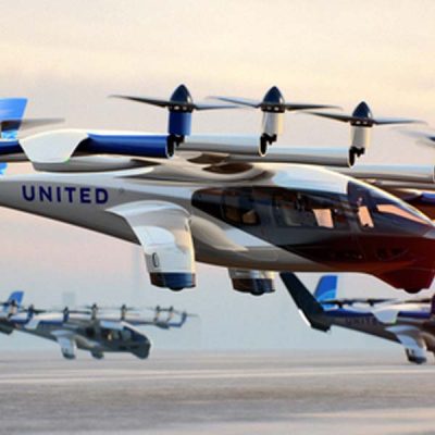 Vertical takeoff aircraft with United Airlines logo on fuselage 